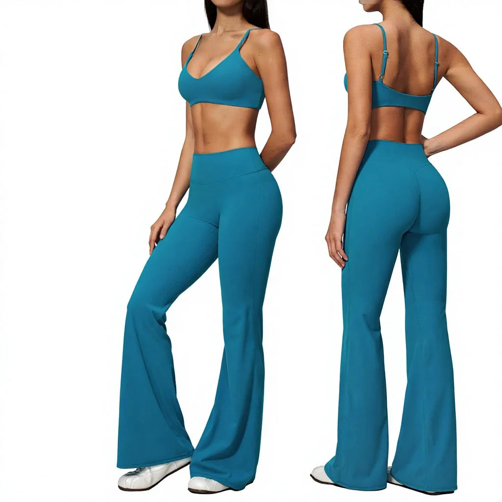 Textured Spandex/Nylon Workout Clothes Soft Sportswear Set Deep V-Neck High-Waisted Tummy-Control Solid Sweat-Wicking Two-Piece