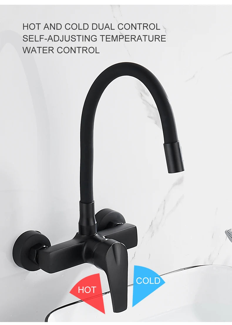 ELLEN Wall Mount Kitchen Sink Faucet Hot Cold Sink Water Mixer Tap 2 Holes Black Faucets 360 Degree Swivel ELK5400
