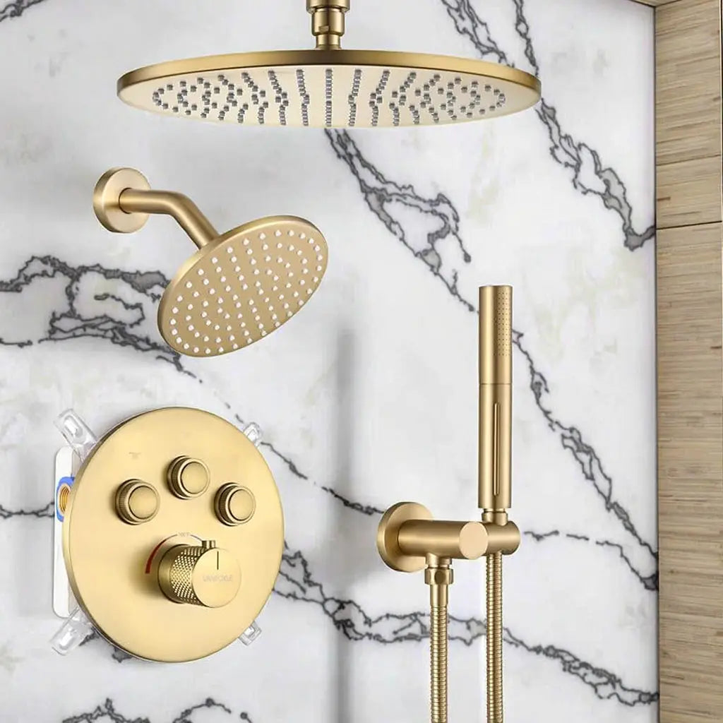 Hongdec Thermostatic Shower Faucet Set Brushed Gold Shower System Push Button Diverter Shower Faucet