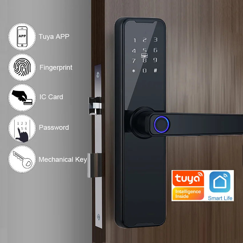 Factory Price Cheap Aluminum RFID Card Password Fingerprint Unlock Electronic Ble WiFi Tuya App Smart Door Lock