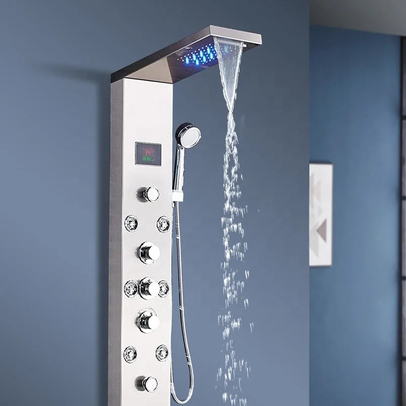 Shower Panel Bathroom Wall Mounted Stainless Steel Waterfall Shower Column Set Massage Jets Led Shower Panels Duchas Columna