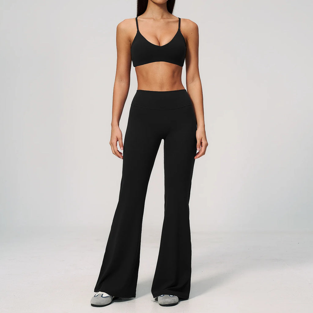 Textured Spandex/Nylon Workout Clothes Soft Sportswear Set Deep V-Neck High-Waisted Tummy-Control Solid Sweat-Wicking Two-Piece