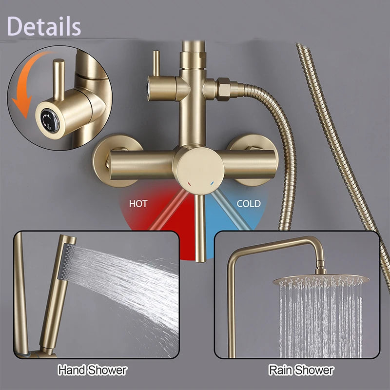 Wall Mounted Outdoor Shower Set Mixer System Brushed Gold Brass Dual Handle 10 Inches Rainfall Shower for Pool