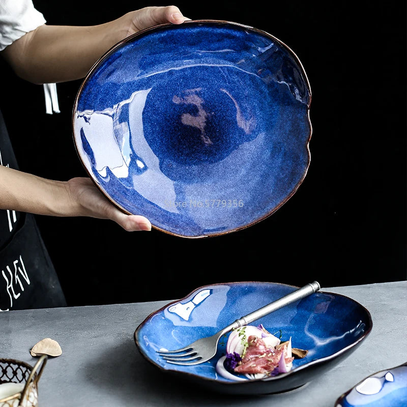 Ceramic Plate Irregular Dish Tableware Series Western Food Plate European Blue Color Glaze Salad Bowl Main Dish Kitchen Supplies