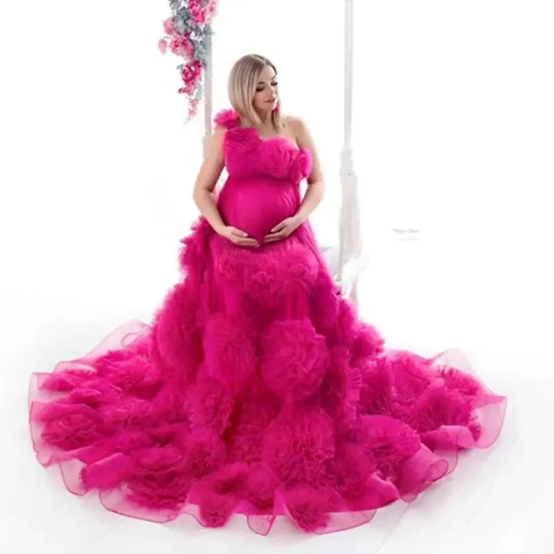 FK26 Pink Sexy Female Baby Shower Dress Tulle Maternity Photoshoot Clothes Long Women Pregnancy Dress Pregnant Woman Gowns