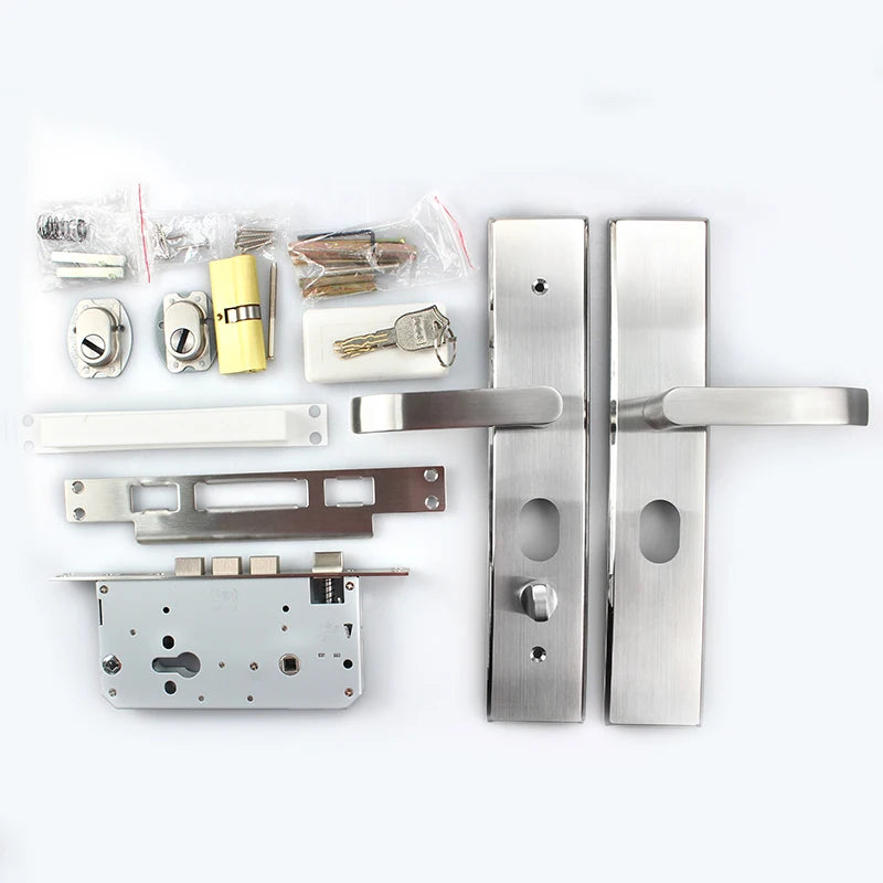 LELON Modern SUS 304 Lever Door Handle Lock Plate with Lock Cylinders Brushed Black Entry Door Lock