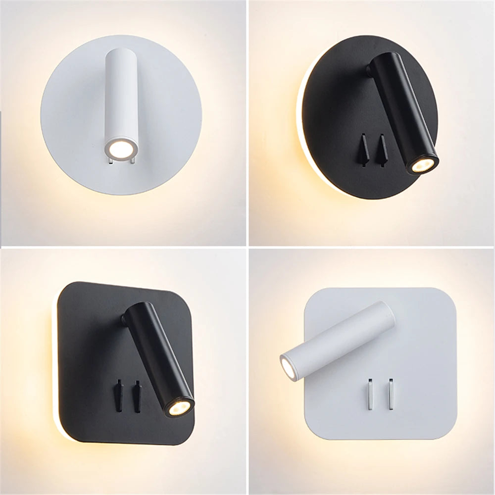 Bedroom Beside Wall Lamp LED Wall Light With Switch Reading Light Adjustable Lighting Angle Iron+Aluminum+ Acrylic AC90-260V
