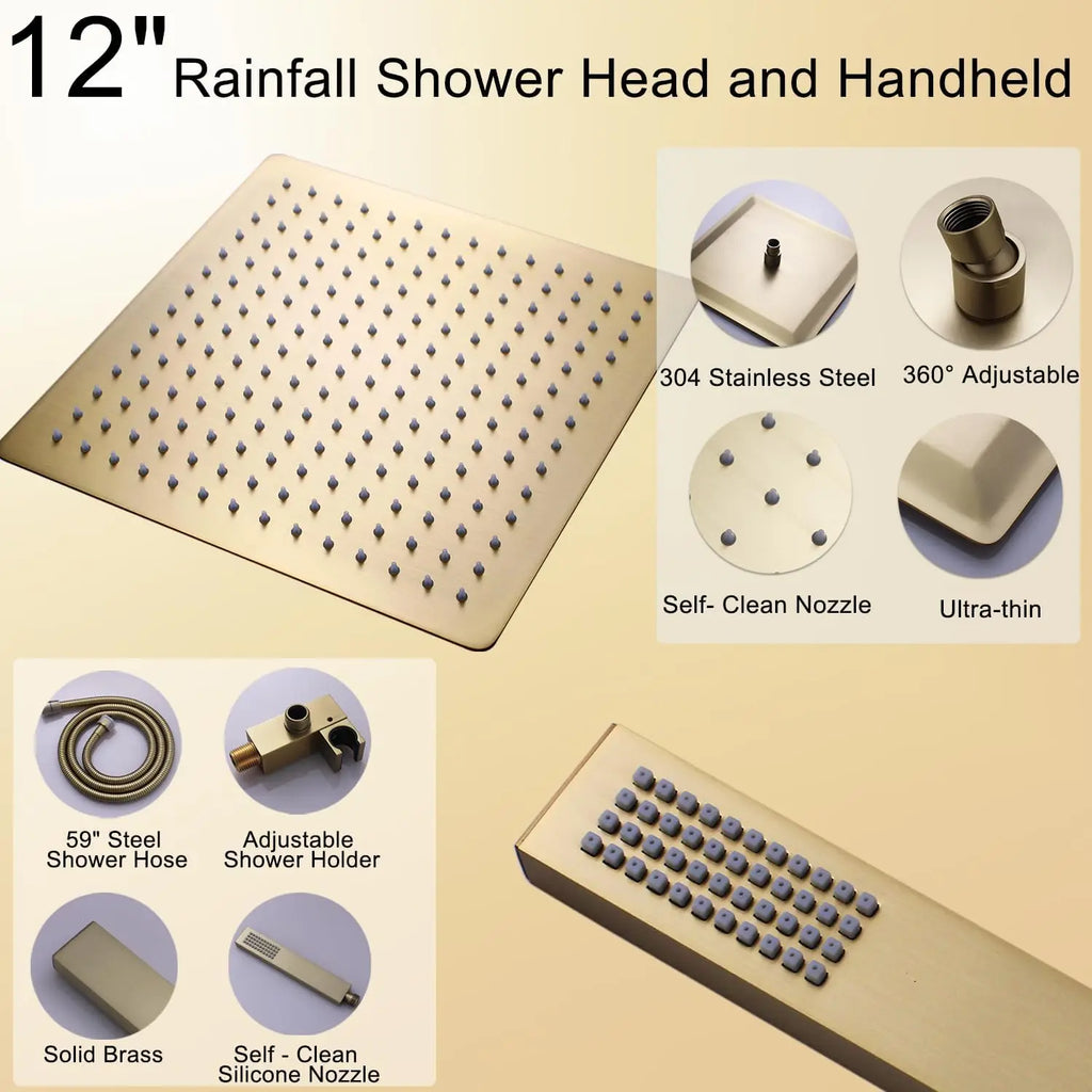 HONGDEC 3 Function  Rainfall Shower System Brushed Gold Bathroom Shower System Bathroom Shower Set