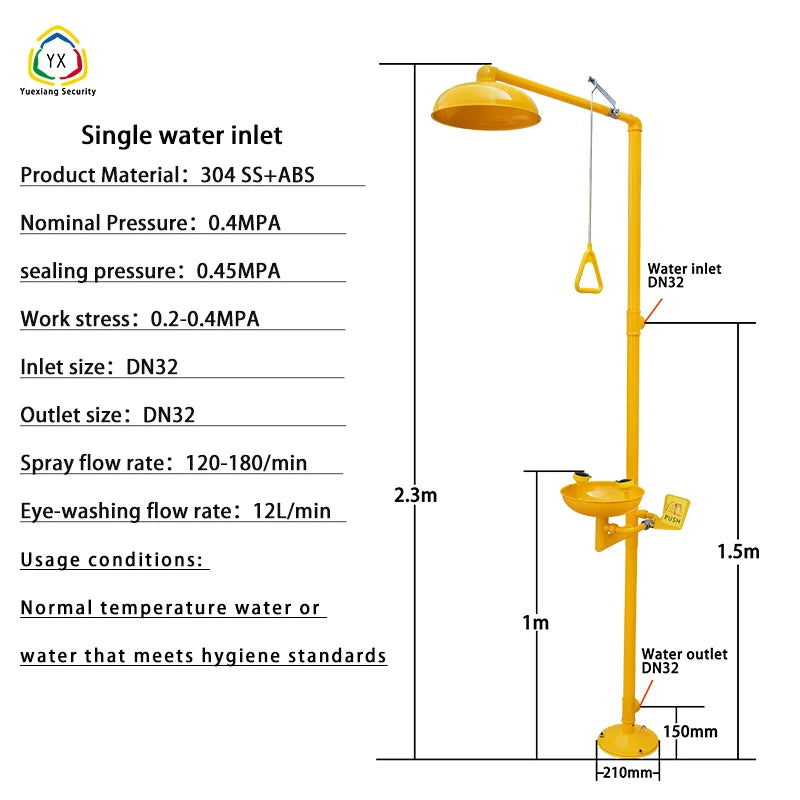 304 Stainless Steel Emergency Eyewash Shower with Yellow ABS Coating Safety Product for Eye Wash