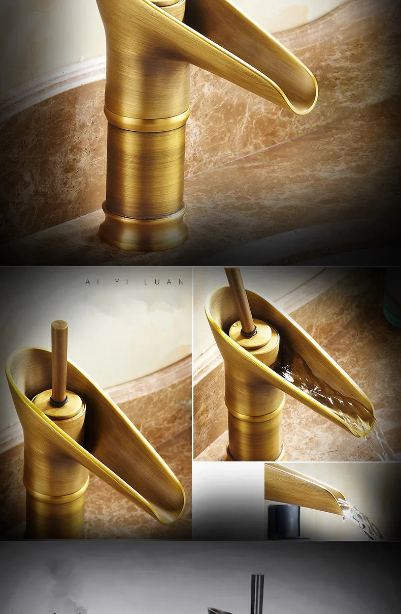 Bathroom Faucet Single Lever Waterfall Basin Faucet Brass Antique Hot and Cold bathroom Sink Mixer Wine Glass Style Taps