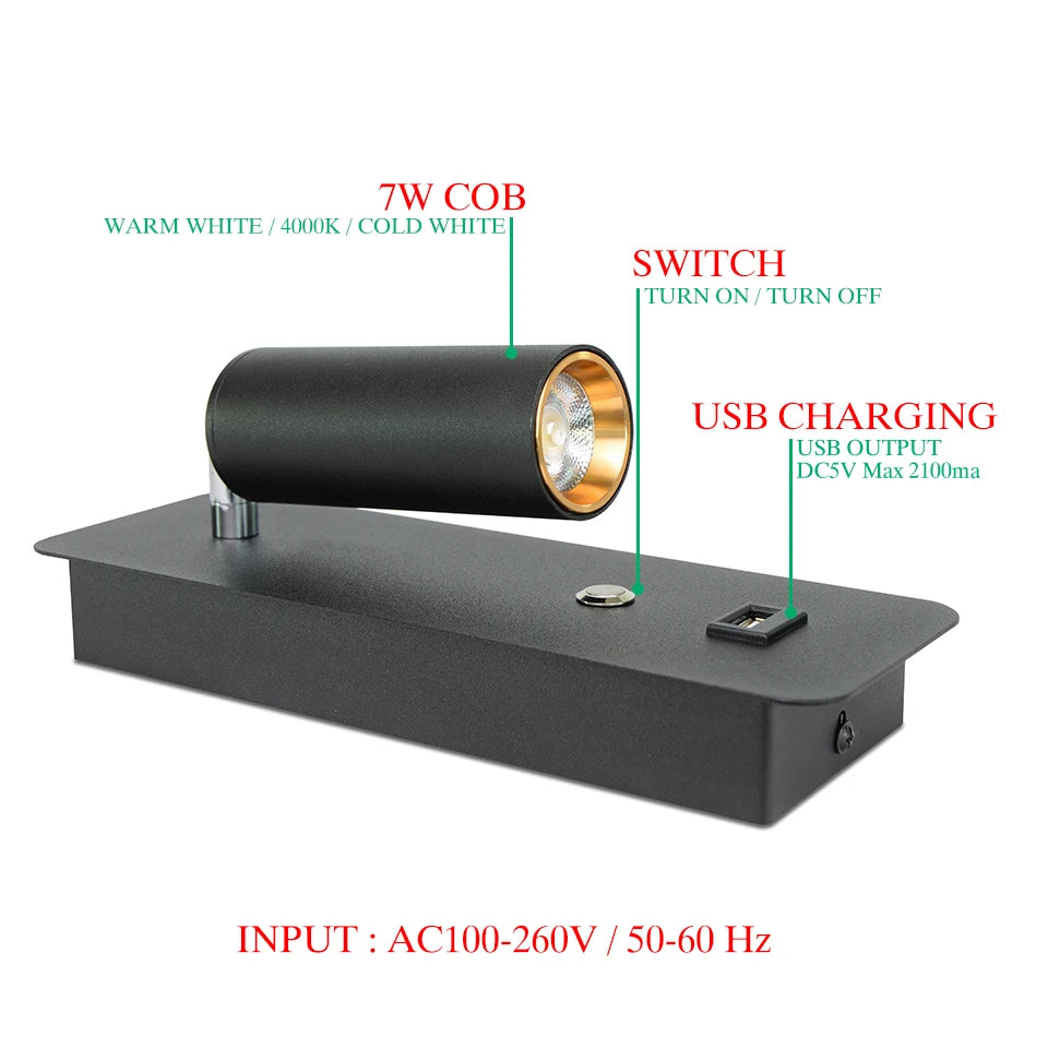 Indoor LED Wall Lamp 7W with USB Charge Wall Lamp Bedroom Living Room Nordic Modern Wall Light Aisle with Switch Wall Sconce