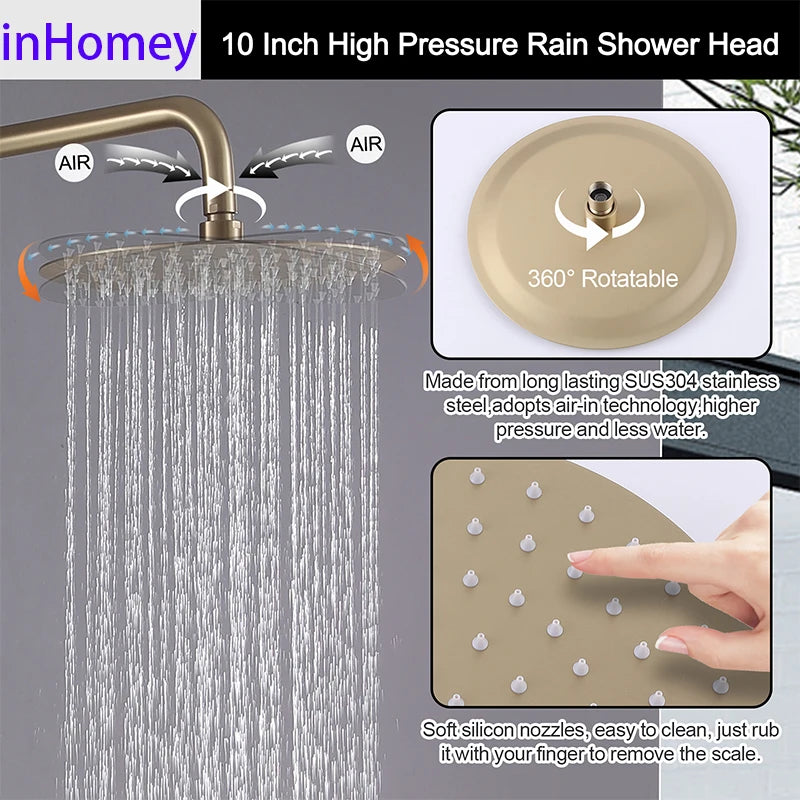 Wall Mounted Outdoor Shower Set Mixer System Brushed Gold Brass Dual Handle 10 Inches Rainfall Shower for Pool