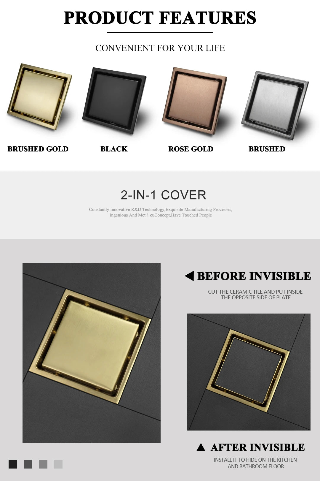 Bathroom Balcony Kitchen Stainless Steel Square Floor Drain Shower Drainers Multi-Color Style Invisible Tile Insert Floor Drains