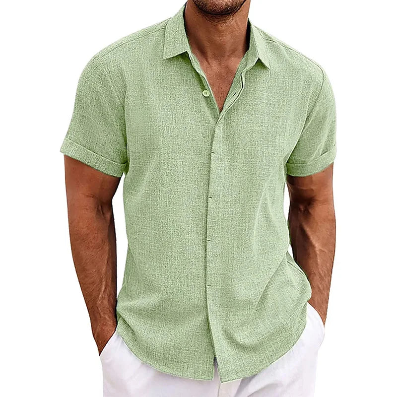 Men's Linen/Cotton Short-Sleeve Loose-Fit Solid Color Beach-Style Plus-Size Shirt Turn-down Collar Beaded Machine Washable
