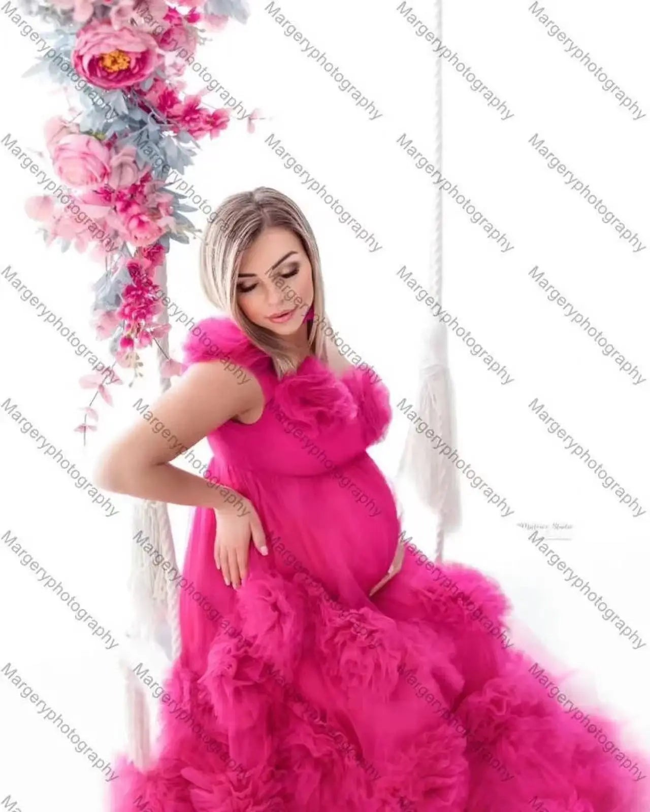 FK26 Pink Sexy Female Baby Shower Dress Tulle Maternity Photoshoot Clothes Long Women Pregnancy Dress Pregnant Woman Gowns