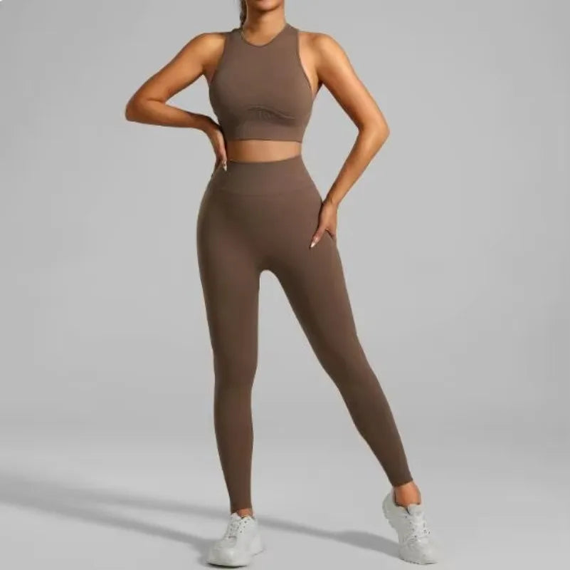 JAC22 XG7138 Women's Seamless Running Fitness Threaded Tank Top Pants Yoga Set
