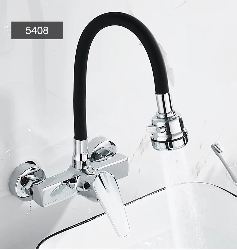 ELLEN Wall Mount Kitchen Sink Faucet Hot Cold Sink Water Mixer Tap 2 Holes Black Faucets 360 Degree Swivel ELK5400