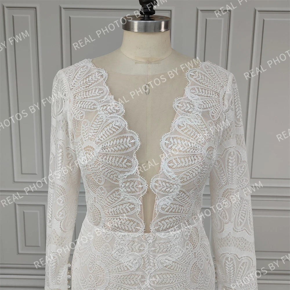 12476# Real Photo Front Slit V-neck Lace Wedding Dress Sweep Train Backless Mermaid Bride Gown for Women Bohemia