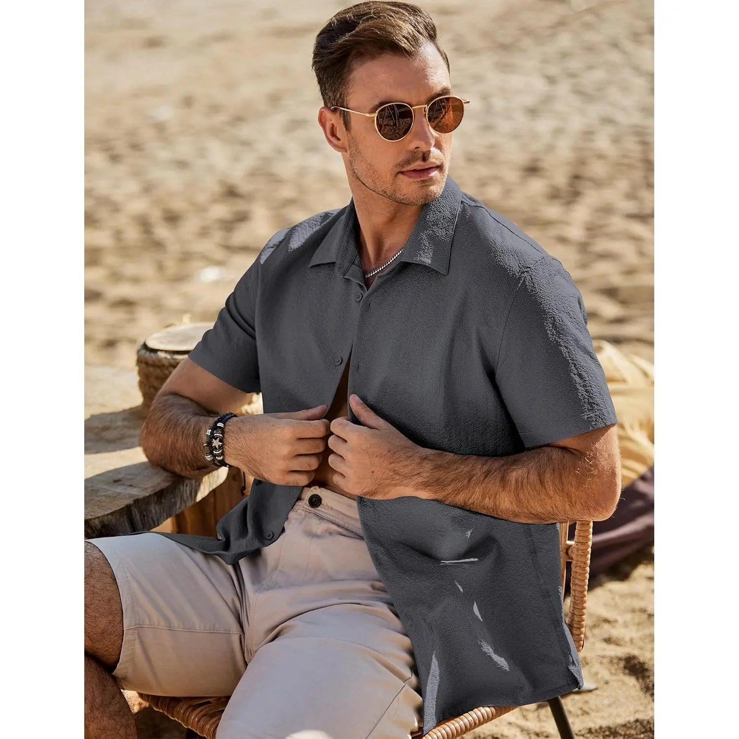 Custom Men's Slim Fit Seersucker Shirts Casual Short Sleeve Button Tuxedo for Beach Summer Vacation Wedding Tops Woven Fabric