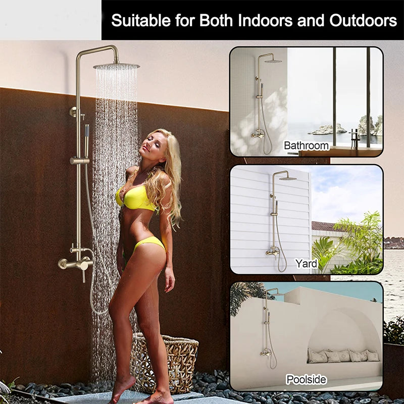 Wall Mounted Outdoor Shower Set Mixer System Brushed Gold Brass Dual Handle 10 Inches Rainfall Shower for Pool
