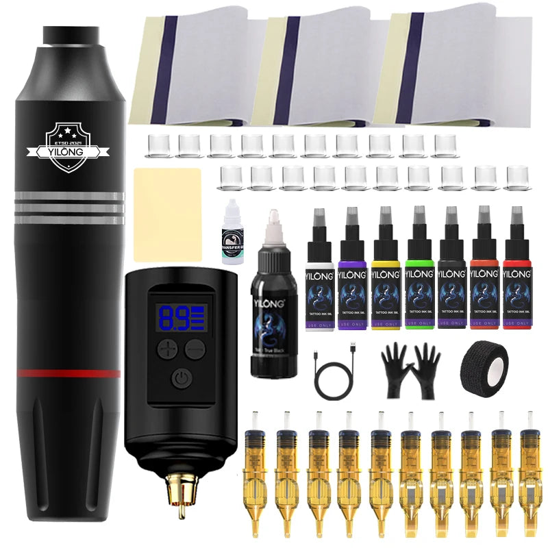Wholesaler Wireless Tattoo Machine Full Set Tattoo Pen Gun Kit with 10pcs Tattoo Cartridge Needles and Accessories