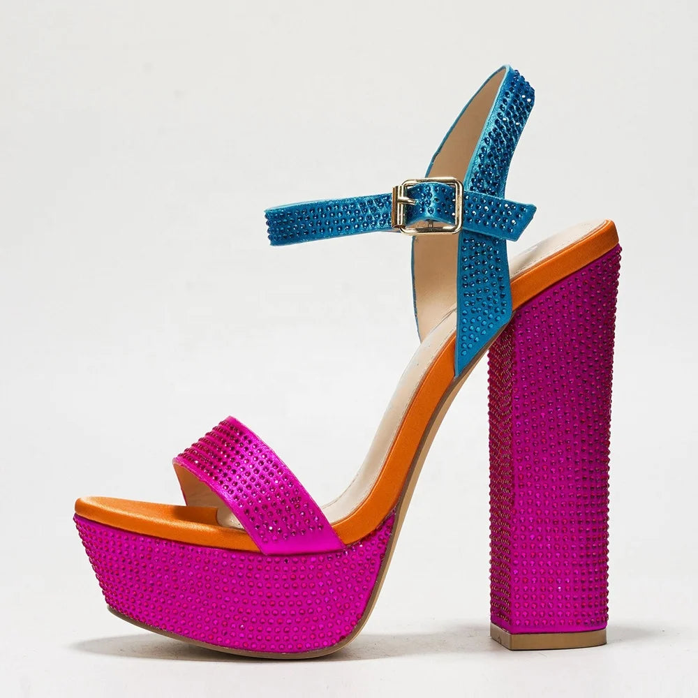 Women Square Toe Rhinestone Sandals Banquet Party Chunky High Heels Wide Fit Thick Platform Leopard Print Shoes