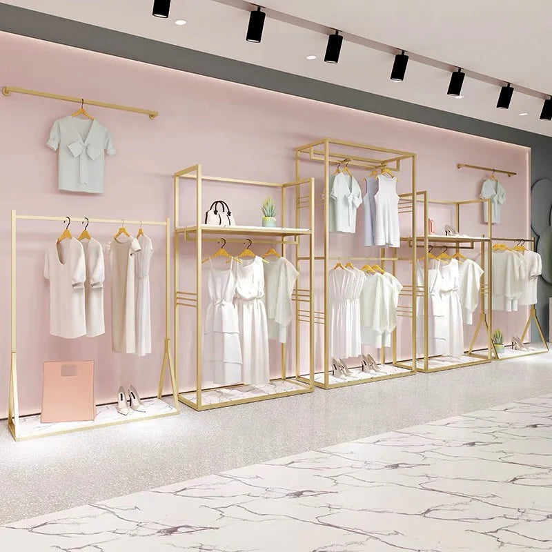 Wholesale Boutique Clothing Stand Golden Stainless Steel Clothing Shelving Rack Luxury Clothing Wall Racks for Garment Shop