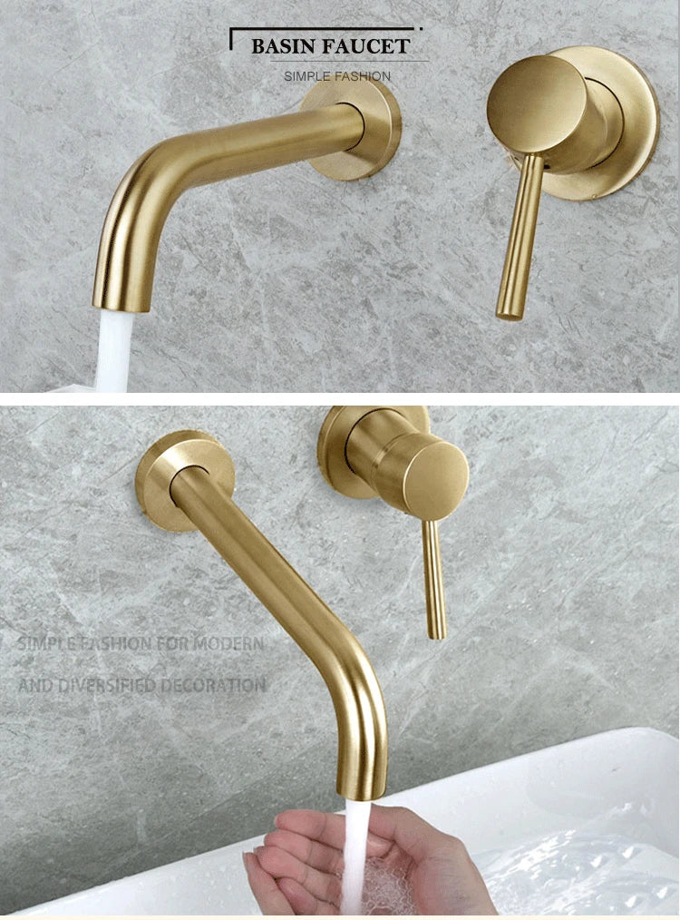 Luxury Brushed Gold Tap Wall Mount Bathroom Basin Sink Faucet Solid Brass Single Handle Hot and Cold Mixer Golden Bathtub Faucet