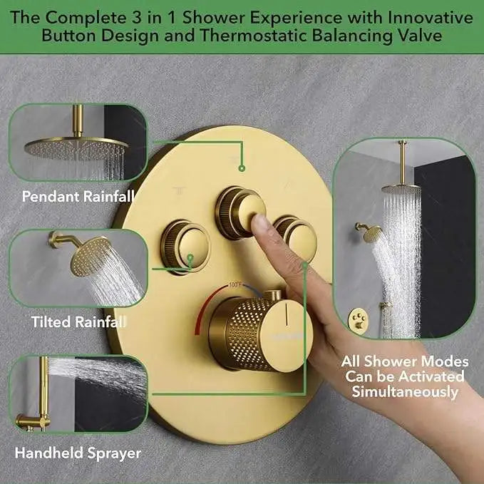 Hongdec Thermostatic Shower Faucet Set Brushed Gold Shower System Push Button Diverter Shower Faucet