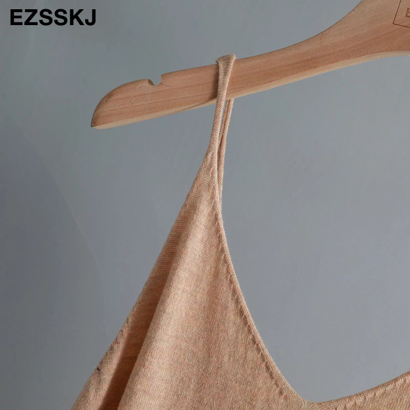 Ezsskj Spring summer 2020 Woman Knitted Tank Dress Casual Long Camisole Vest dress Women Loose  cashmere maix a-line dress