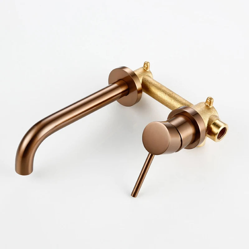 Wall Mounted Spout Basin Faucet Solid Brass Brushed Rose Gold Bathroom Bathtub Shower Mixer For Lavatory Sink Brushed gold Taps