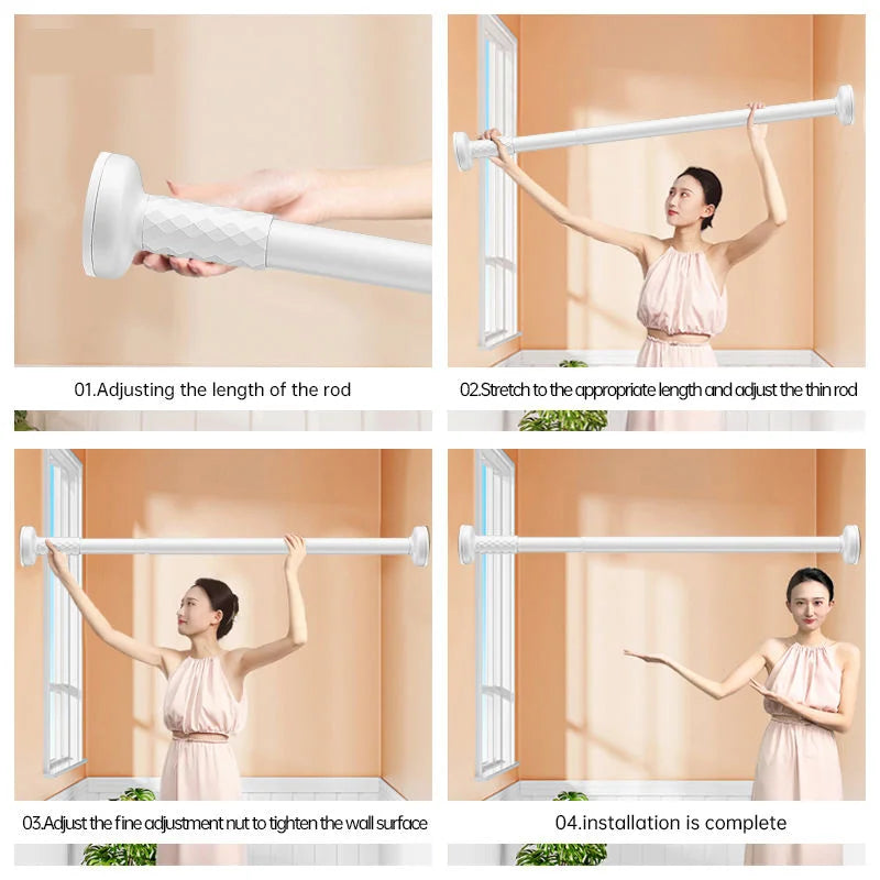 Clothes Shower Curtain Rod Nail-Free Extendable Non-damaging Wall Retractable Suction Cup Telescopic Drying Rack