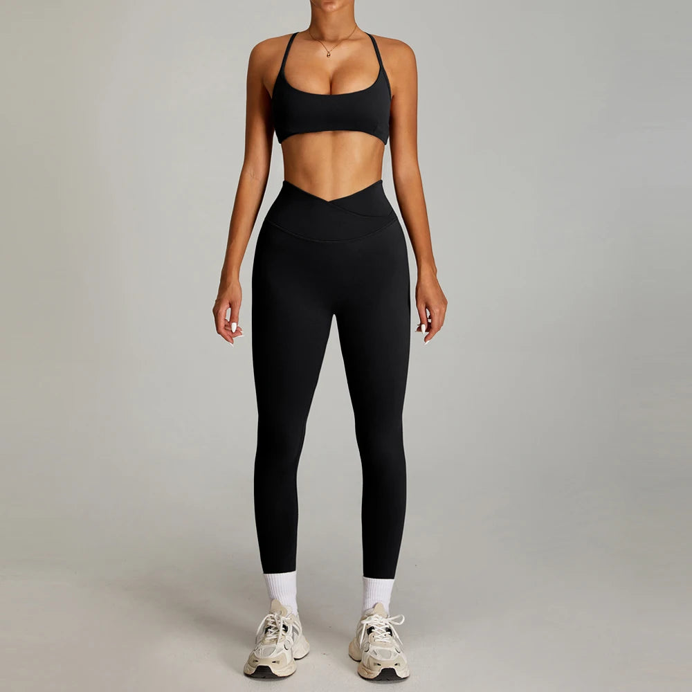 High Quality 2 Piece Cross V-shaped Waist Leggings Women Activewear Fitness & Yoga Wear Sports Bra Gym Fitness Sets