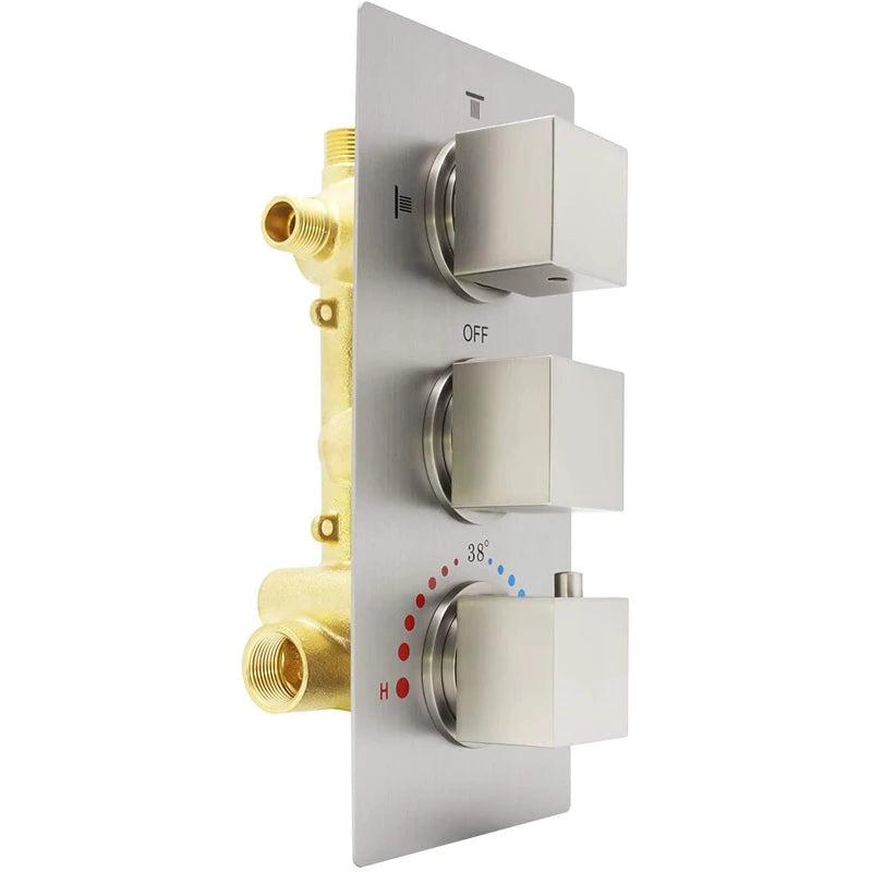 For Brass Bathroom Shower Mixing Valve Triple Handle 3-Way Thermostatic Water Diverter Temperature Control Brushed Rain