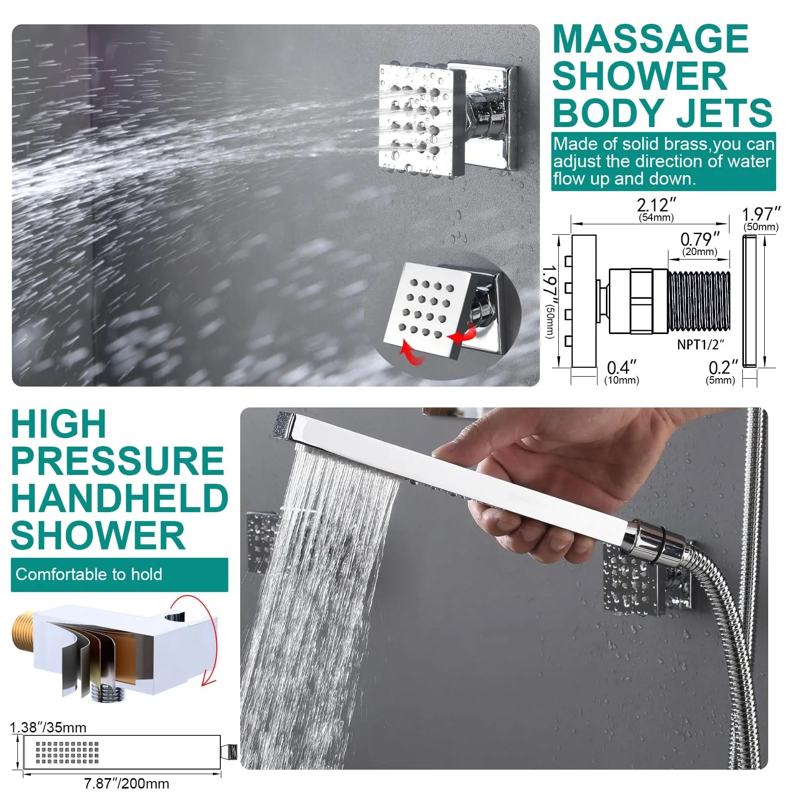 Shower System with Rain Shower and Handheld, 6 Pcs Body Jets with  Rainfall and 6 Pcs Shower Heads
