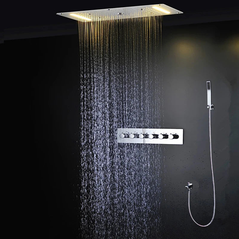 Bathroom LED Shower Set Ceiling Rainfall Waterfall Misty Shower Head Panel 380x700mm Thermostatic Mixer Diverter Faucets System