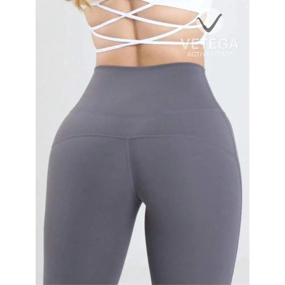 High Waisted Flared Yoga Leggings Side Slit Gray Seamless Stretch Woven Fabric Women's Pants Long Length Elastic Waist
