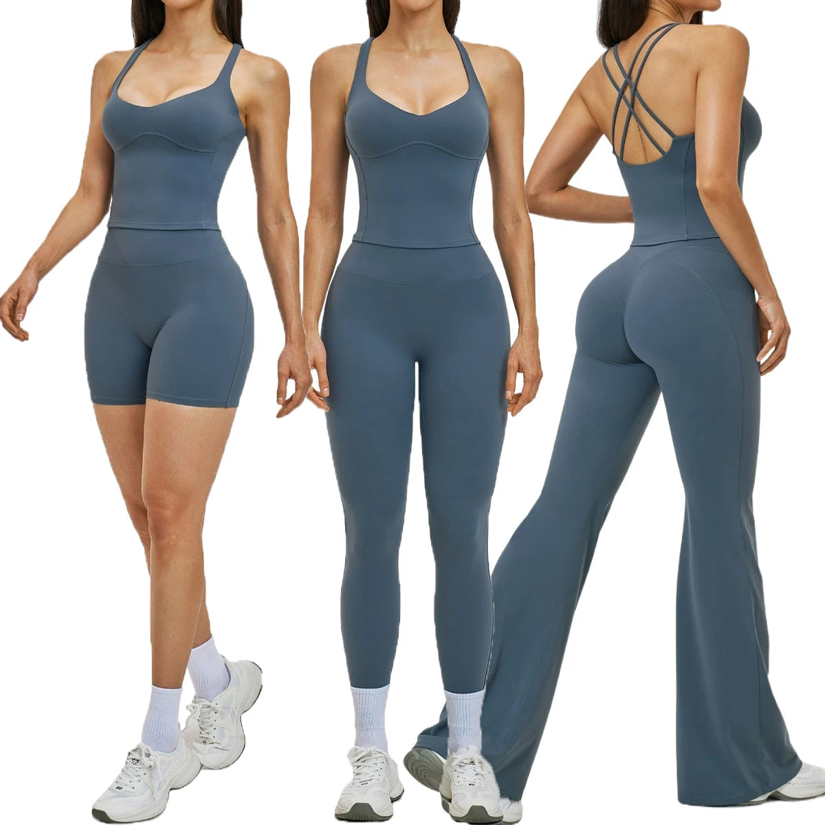 Women's Summer Athletic Wear Set Crisscross Back Fitness Tank Top and Leggings Workout Clothing Yoga Sets