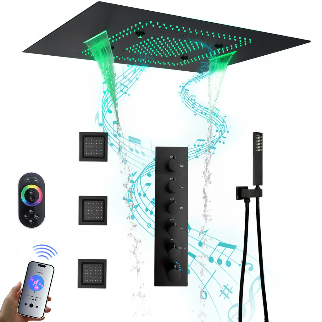 Thermostatic Shower System LED Music Rainfall Waterfall Shower  System Ceiling Mount Multi Function Rain Shower Faucet Set