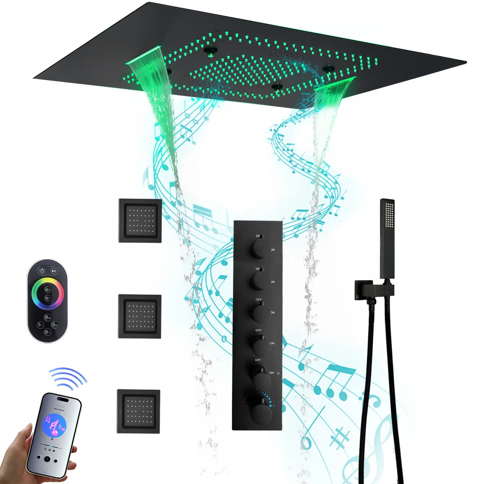 Thermostatic Shower System LED Music Rainfall Waterfall Shower  System Ceiling Mount Multi Function Rain Shower Faucet Set