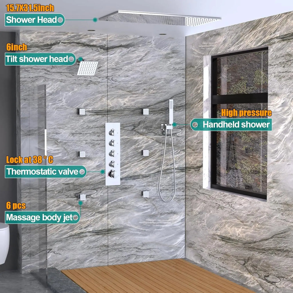 Dual Shower System 15.7x31.5" Rainfall Chrome Rain Shower Handheld Brass 6" Shower Heads Featuring 6pcs Body Jets Soft Spray
