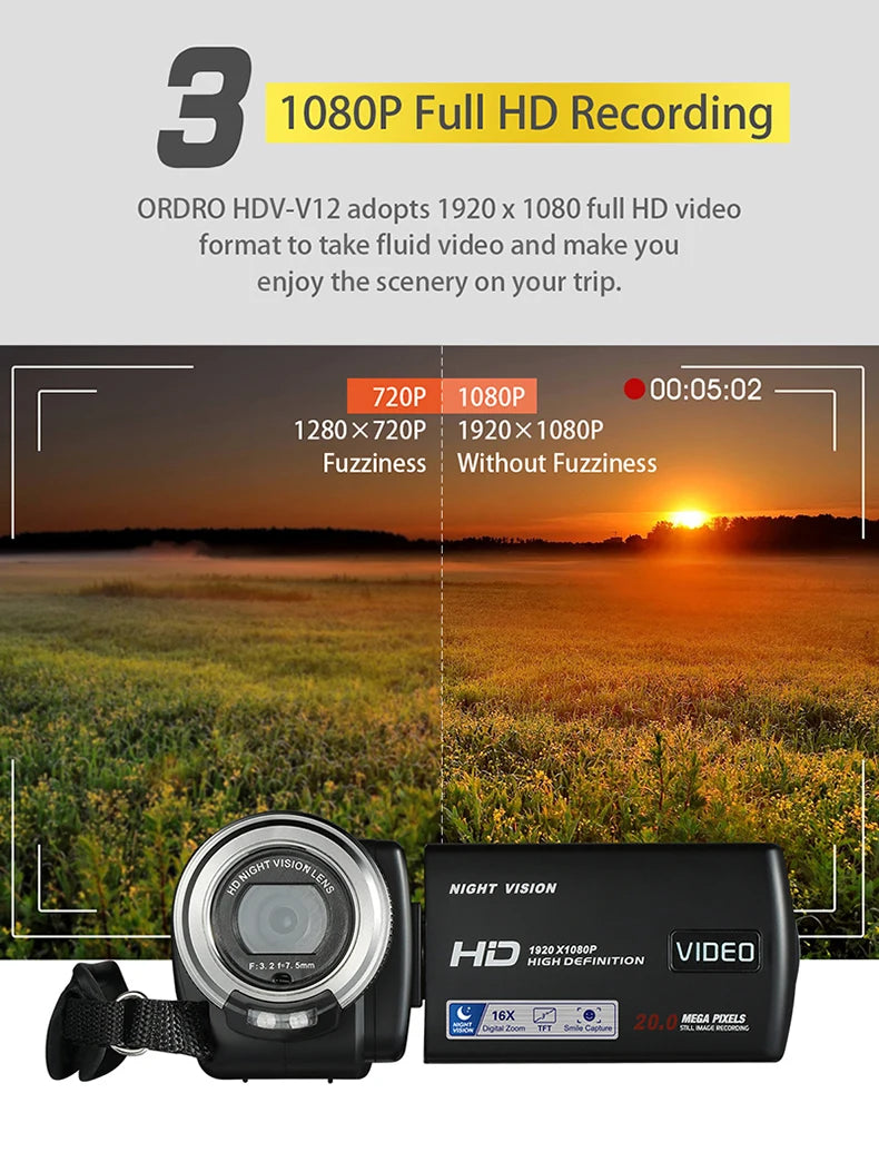 Video Camera Full HD 1080P Digital Camcorder Ordro V12 Infrared Night Vision Home Use Camara for Youtuber Beginner Vlogging
