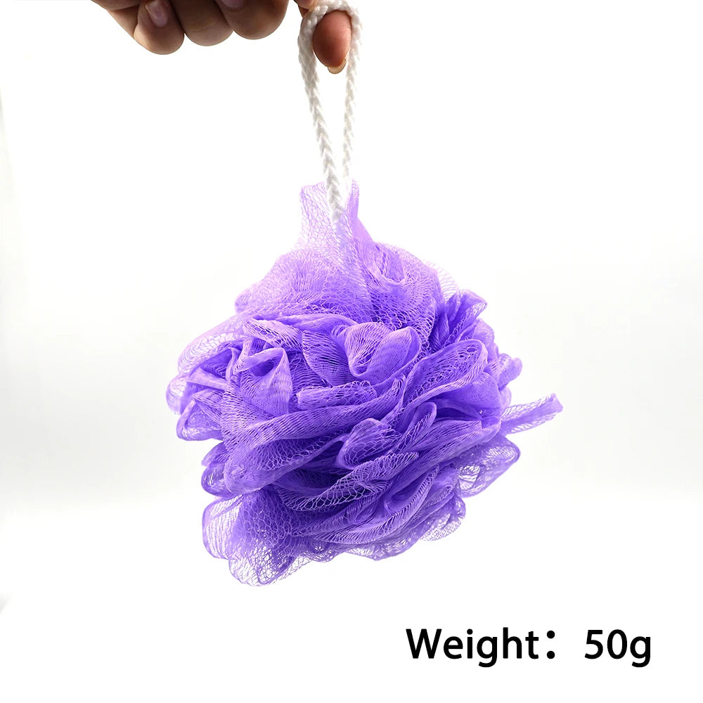 50g PE Shower Bath Sponge Mesh Pouf Body Scrubber Exfoliating Loofah Ball for Women Men Spa Skin Cleaning Hanging Rope