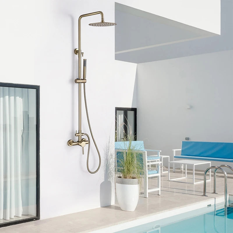 Wall Mounted Outdoor Shower Set Mixer System Brushed Gold Brass Dual Handle 10 Inches Rainfall Shower for Pool