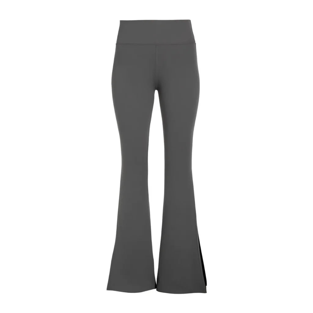 High Waisted Flared Yoga Leggings Side Slit Gray Seamless Stretch Woven Fabric Women's Pants Long Length Elastic Waist