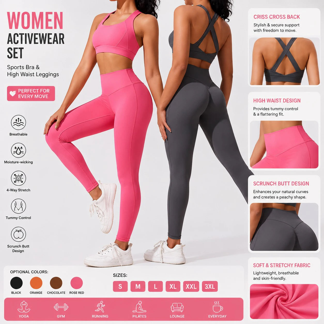 Custom Plus Size Women's Sets High Waist 2-Piece Sports Bra Leggings Yoga Set Breathable Four-Way Stretch Athletic Gym Sets