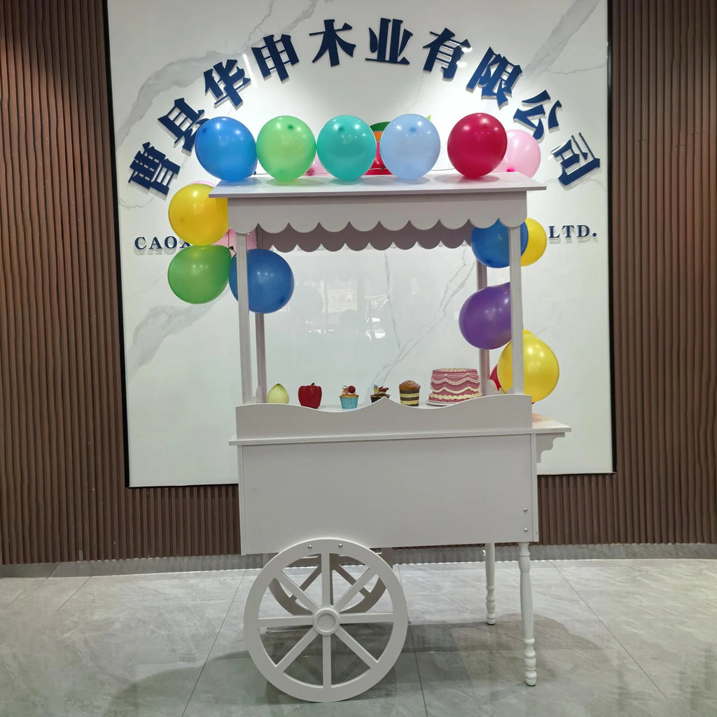 PVC & Wood Display Stand for Wedding Parties Baby Shower Wedding Candy Cart with Wheels for Birthday Wedding Party Event Decor