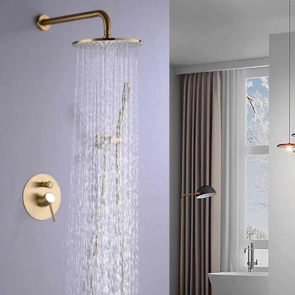 16inch Round Bathroom Luxury Rain Mixer Combo Set Wall Mounted Rainfall Shower Head System Brushed Gold Shower