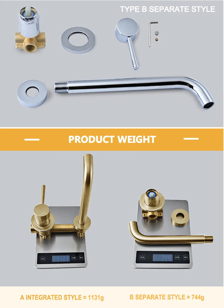 Luxury Brushed Gold Tap Wall Mount Bathroom Basin Sink Faucet Solid Brass Single Handle Hot and Cold Mixer Golden Bathtub Faucet