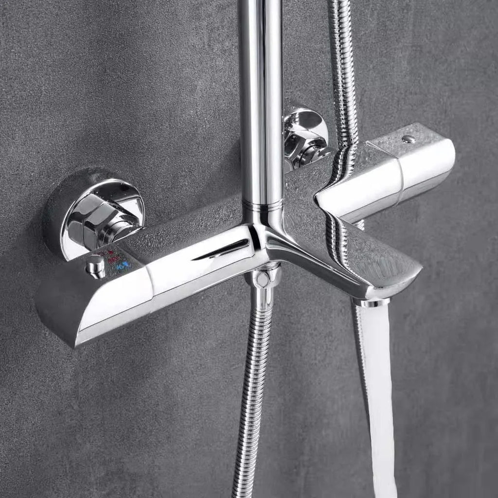 Chrome Brass Thermostatic Shower Column Set Dual Handle Rainfall Shower System with Handheld Spray for Modern Bathroom Luxury